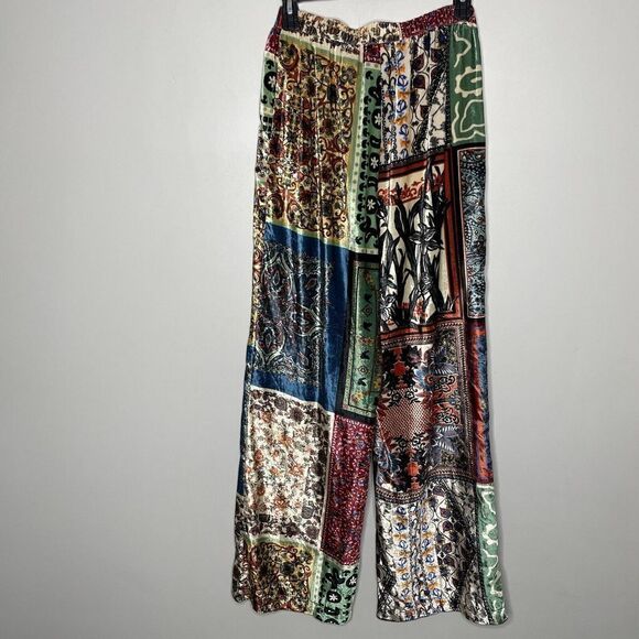 SFIZIO Pants Womens 2 Patchwork Velvet Trousers Pull-On Straight Wide Leg ITALY - Picture 5 of 13